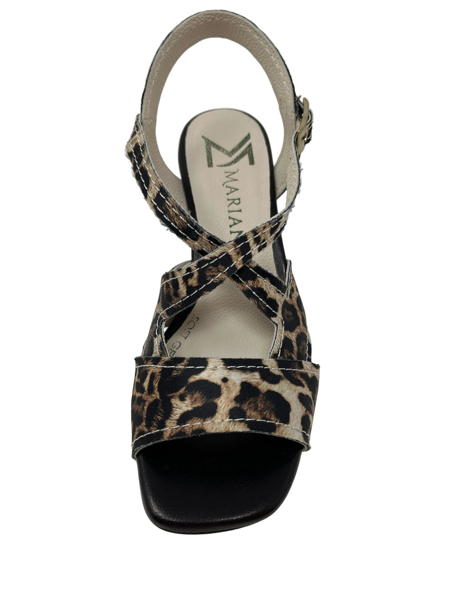 Marian Block Heel Sandal. Leather/Satin, Leopard Print. Heel Height: 6 ...