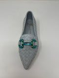 Marian Pointed Loafer. Woven Leather. Colour: Light Blue. Turquoise Buckle Trim.