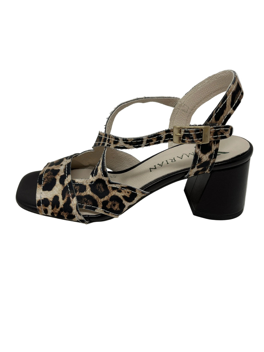 Marian Block Heel Sandal. Leather/Satin, Leopard Print. Heel Height: 6 ...