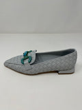 Marian Pointed Loafer. Woven Leather. Colour: Light Blue. Turquoise Buckle Trim.